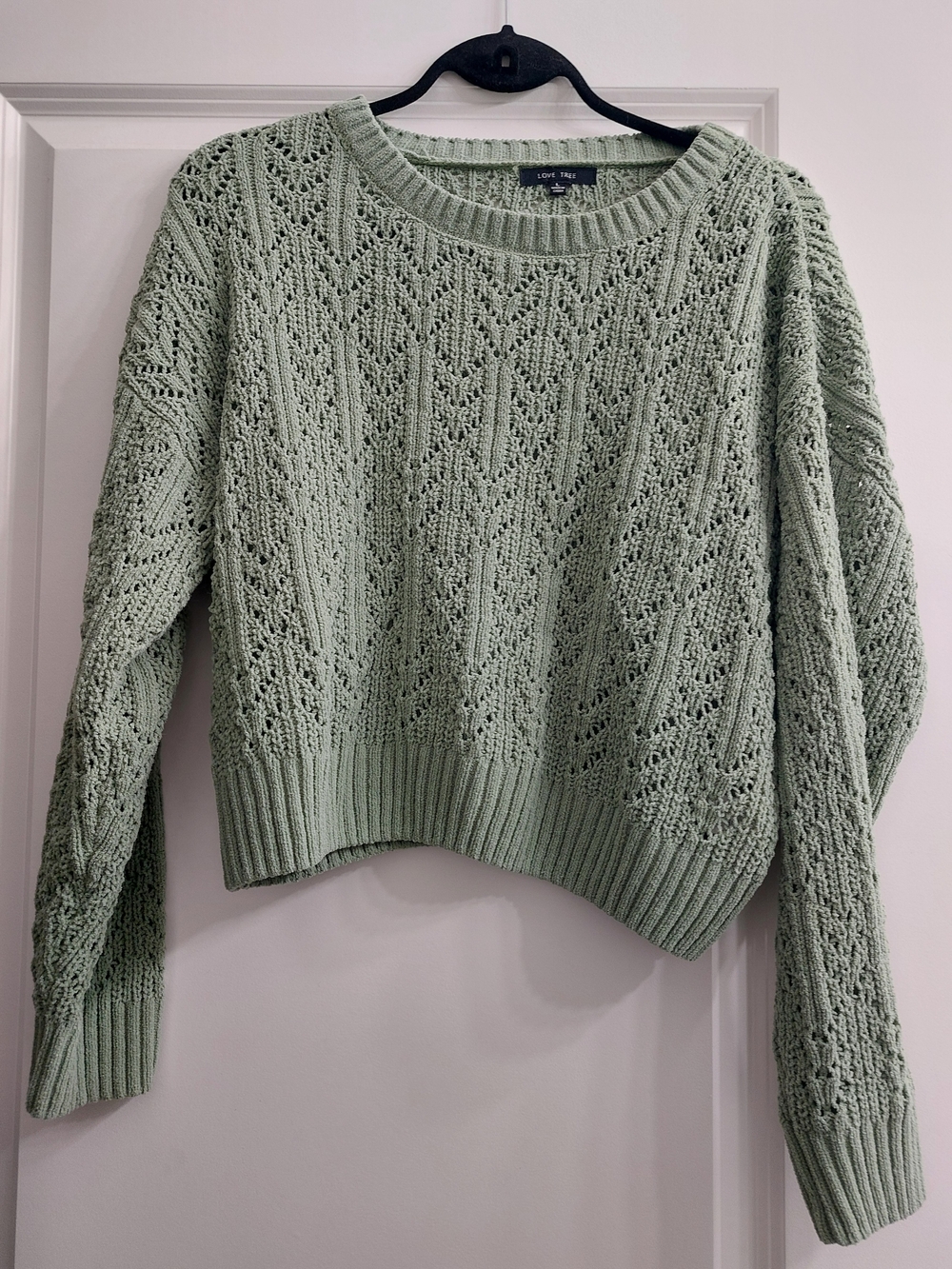 Love Tree Sage Green Open-Knit Crewneck Sweater